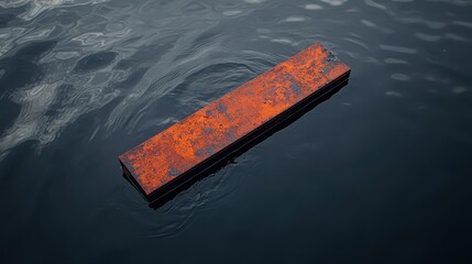 A rusted rebar bar floats on dark rippling water showing signs of corrosion and decay