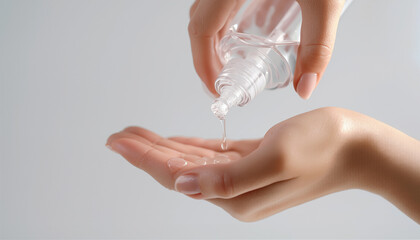 Woman's hand pouring cosmetic liquid from clear bottle