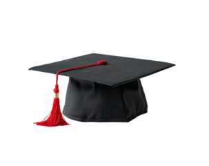 A square academic headwear with red tassel, against a stark black background