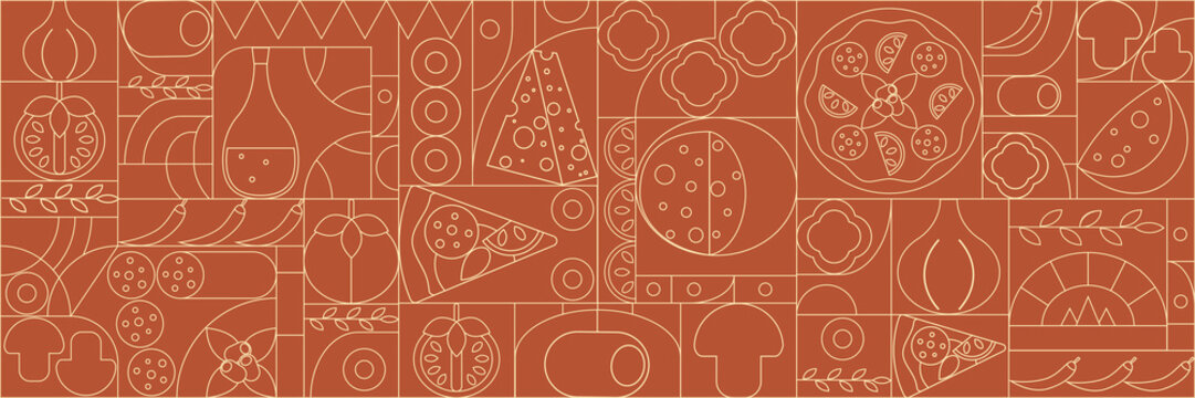 Pizza mosaic seamless pattern, flat line design, pizza ingredients and slices, abstract geometric design of Italian pizzeria