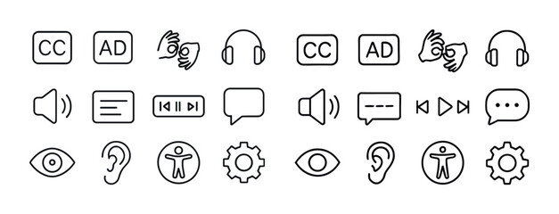 Accessibility icons set: audio, text, visual, interaction, and settings symbols
