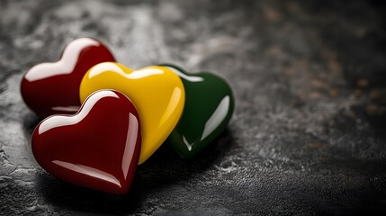 Colorful hearts on black, copy space.