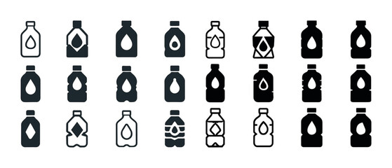 Set of twenty unique bottle icon variations in black and white