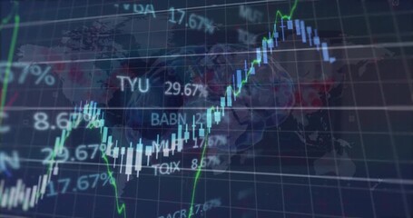 Animation of financial data processing over digital brain on black background - Powered by Adobe