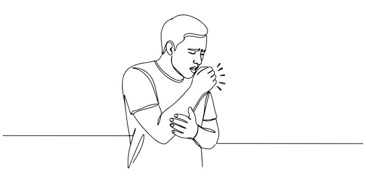 Continuous one line of a person coughing into their elbow, representing respiratory illness and etiquette, drawn vector illustration.