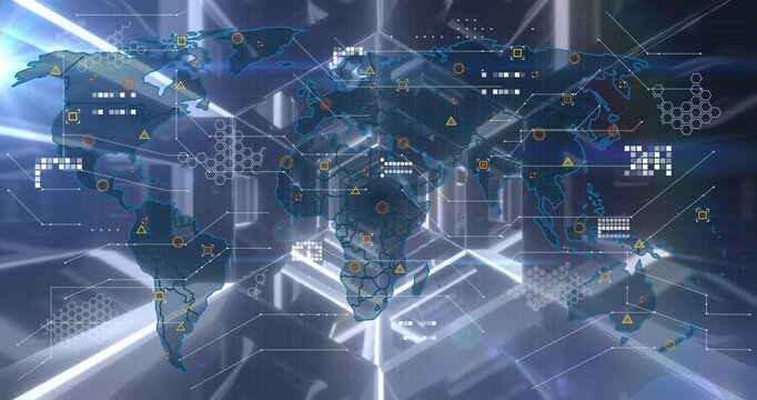 Animation of world map over neons on black background