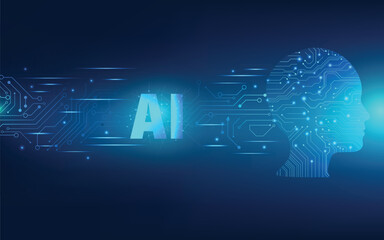 Artificial intelligence concept with glowing AI text and digital human head made of circuits, representing neural networks, machine learning, and future technology innovation.