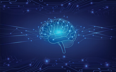 Glowing digital brain with neural network connections on a blue technology background, symbolizing artificial intelligence, data processing, innovation, and futuristic computing.