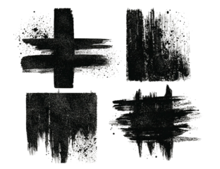Four textured black brushstroke elements on a dark backdrop, creating abstract designs