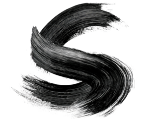 A stylized, monochromatic "S" shape created from textured brushstrokes. It appears abstract