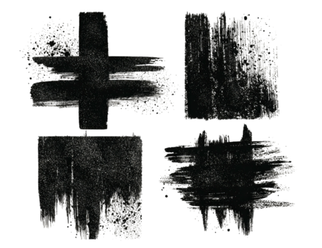 Four textured black brushstroke elements on a dark backdrop, creating abstract designs - Powered by Adobe