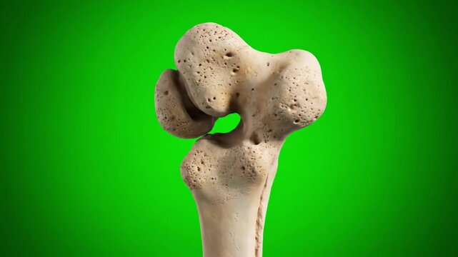 Close-up of a human femur bone against a bright green background