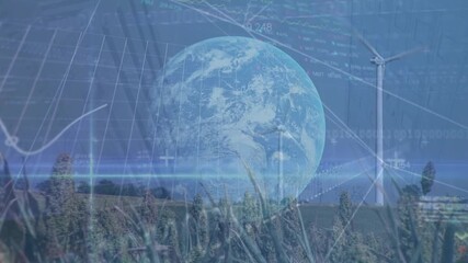 Animation of financial graphs and data over globe and wind turbines - Powered by Adobe