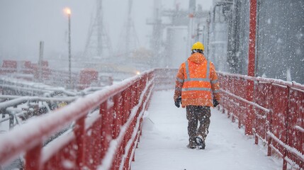 A worker trudges through heavy snowfall on an industrial site, wearing a safety vest and hardhat