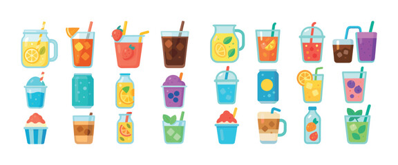 Assorted colorful drinks and beverages icons set