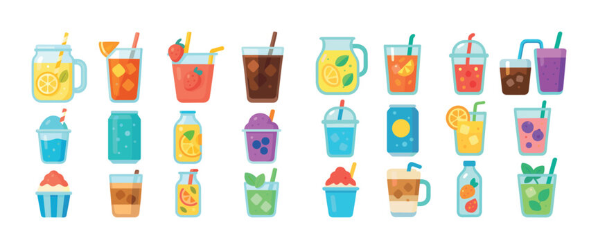 Assorted colorful drinks and beverages icons set