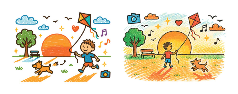 Child flying kite with dog at sunset in park