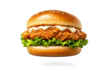 Delicious chicken burger on transparent background for advertising use.