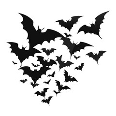 Fototapeta premium A swarm of dark bat silhouettes in flight against a bright white background