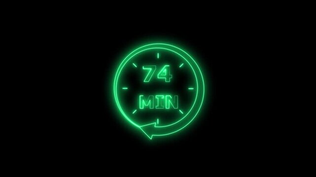Clock icon 24 Hour Day Fast Speed neon bright turquoise color animation. Digital clock time rotation 74 minute black background 4k video.