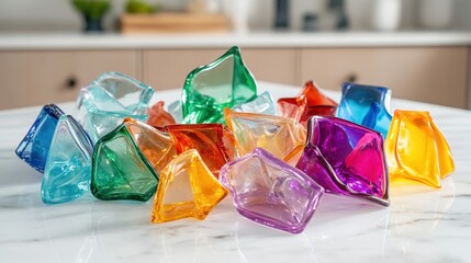 A vibrant collection of abstract colorful glass objects arranged on a reflective surface