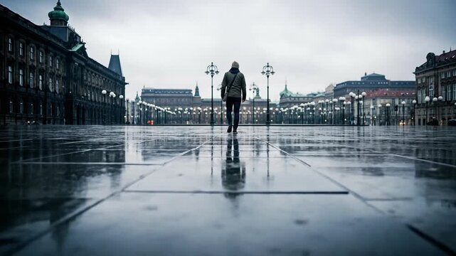 Lone figure walks across a rain-slicked city square with a sense of introspection and solitude