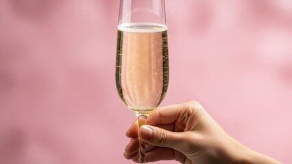 Hand holding champagne flute with bubbly pink drink