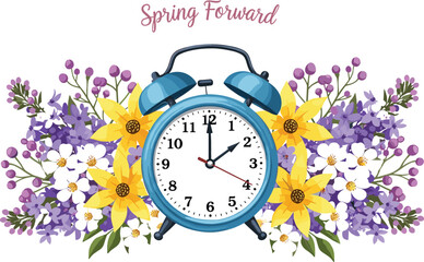 Detailed vector illustration of a blue alarm clock surrounded by a lush arrangement of spring flowers for Daylight Saving.