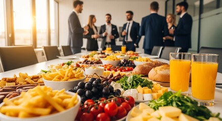 Business team enjoying snacks and drinks in modern office
