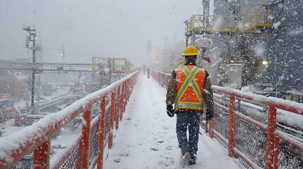 Naklejka premium Worker walks on snowy walkway, industrial setting, cold weather, safety gear, winter scene