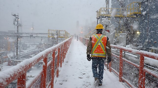 Worker walks on snowy walkway, industrial setting, cold weather, safety gear, winter scene