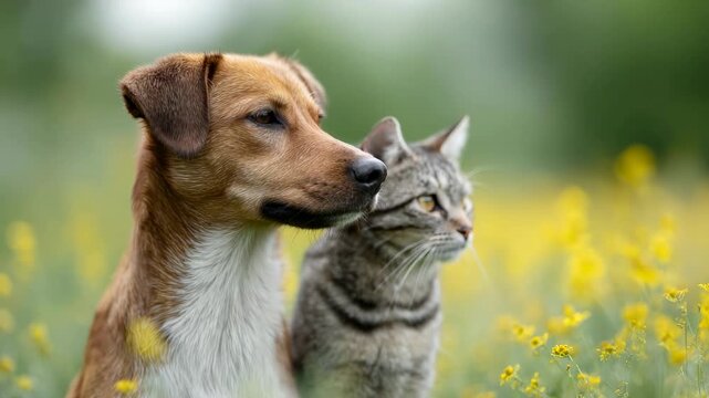 Adorable tabby cat lovingly rubbing its head against a friendly brown dog while sitting together in a beautiful meadow full of yellow flowers, showcasing an unlikely animal friendship