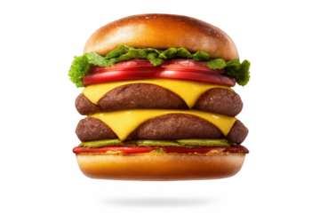 Delicious double cheeseburger on a transparent background close up shot.