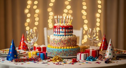 Birthday Cake with Gifts and Decorations.
