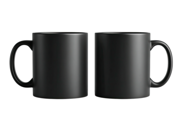 A detailed studio shot of two identical matte black ceramic coffee mugs on a black backdrop