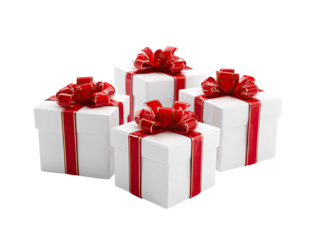 Four white square presents tied with red ribbons and gold trimming, isolated on a black background
