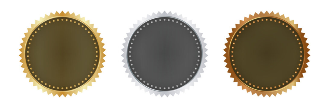 Gold, Silver and Bronze Luxury Seal Stamps Set, Premium Metallic Round Badges and Emblems Isolated, Elegant Certification and Quality Award Vector Design Elements