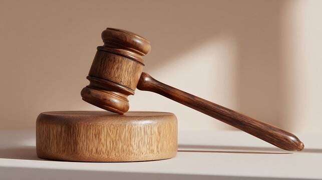 Wooden gavel rests on a round block against a neutral beige backdrop, symbolic of justice