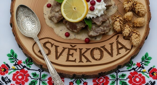 Traditional Czech Sv&iacute;čkov&aacute; na Smetaně (Beef Sirloin in Cream Sauce) with Carved Linden Sign and Moravian Folk Embroidery