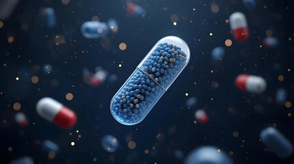 An artistic 3D rendering of a transparent capsule filled with blue and tan medicinal pellets, floating in a dark, bokeh-filled space surrounded by blurred red and white pills.