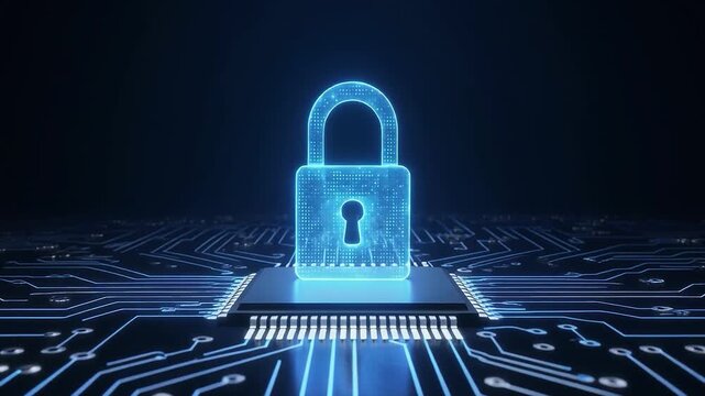 Cyber security lock emerging on a circuit board, digital footage symbolizing data protection and online security.