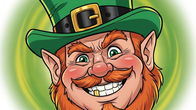 Cheerful cartoon leprechaun character with green hat and red beard illustration with St Patricks Day and Irish folklore and clipart and graphic design