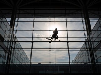 Silhouette of a window washer cleaning a large glass wall. Professional worker suspended at high altitude on a modern building facade