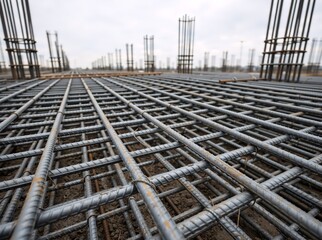 Steel rebar reinforcement grid at a construction site. Close-up of the metal framework for a concrete foundation. Building industry and infrastructure development