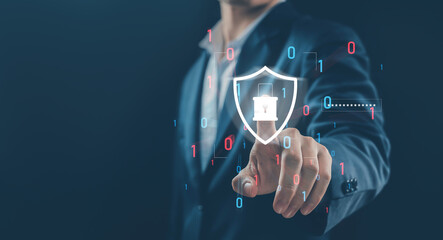 Cybersecurity concept for digital technology, protecting data, computers, AI, and business networks with secure systems, passwords, privacy defense, online access protection. digital cyber security