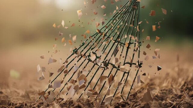 Green rake scattering eggshells over soil, with blurred background and bokeh