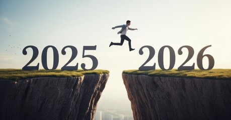 Man jumping from 2025 to 2026 over cliff representing transition and progress