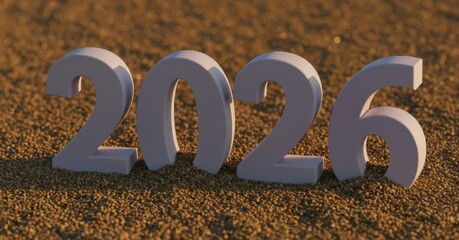 White 2026 numbers on brown sandy background with warm lighting
