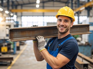 Smiling male industrial worker carrying a heavy steel beam on his shoulder. Man in yellow hard hat and blue overalls in a factory workshop. Construction and manufacturing labor concept