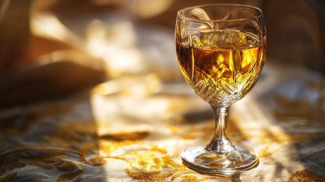 refractive. Crystal wine glass with golden liquid, backlight creating a refractive glow on textured cloth. bar promotions, beverage menus, designed for product packaging and bar promotions.